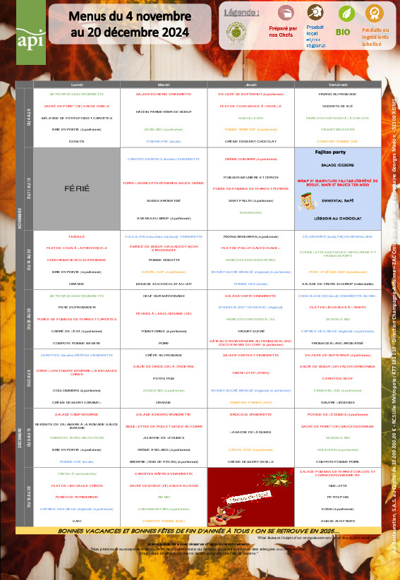thumbnail of Menus du 4 novembre au 20 décembre