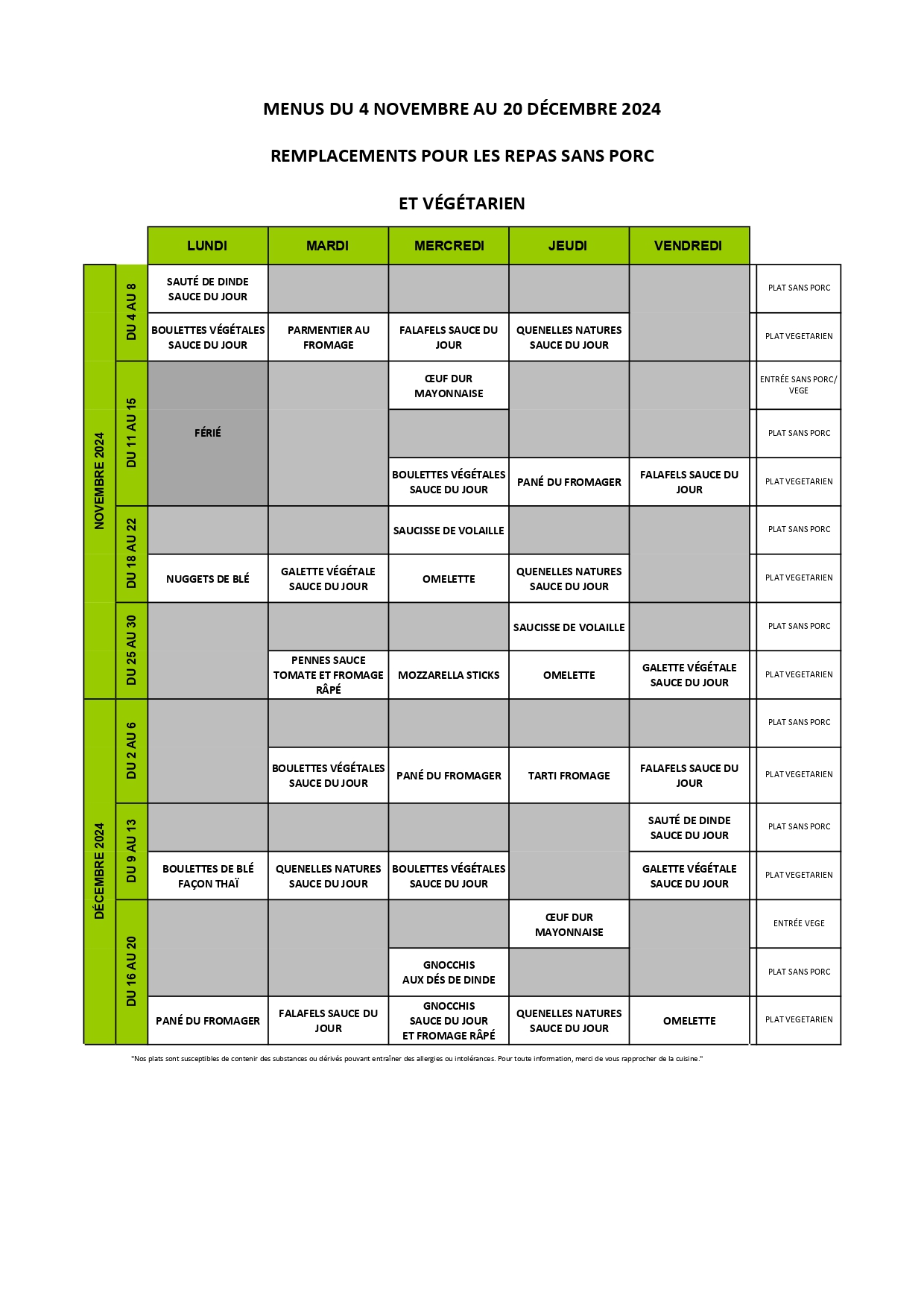 Menus sans viande 4 nov au 20 déc